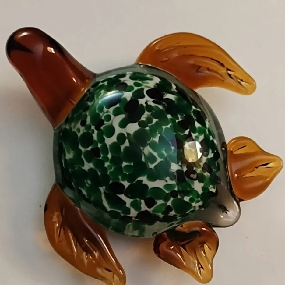 Artisan Glass Turtle Reptile - Green and Brown Hand Blown Art Glass Vintage